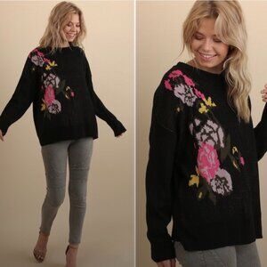 Umgee Floral Lace Up Back Sweater